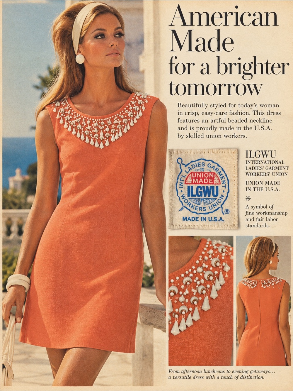 True Vintage 1969-1970s ILGWU Union Made USA Beaded Linen Blend Mod Shift Dress